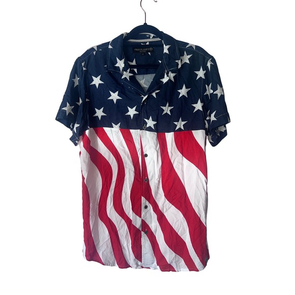 Free Planet Americana USA Flag Stars & Stripes Button Up Shirt - Picture 1 of 6